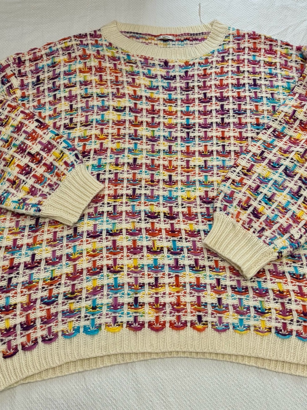 JODIFL Cream Sweater with Multicolor Woven Grid